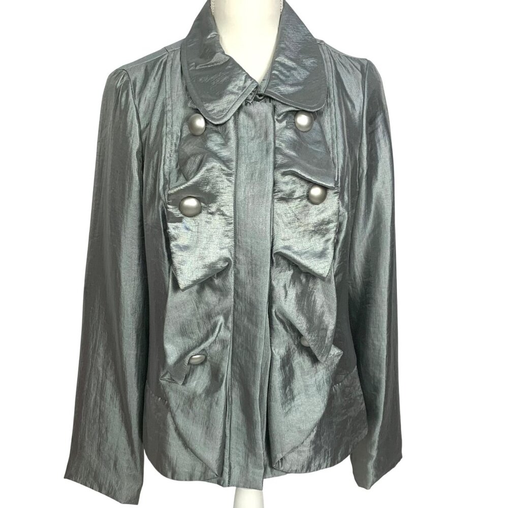 Fun Metallic Silver Luciano Dante Jacket L Ruffle Button Details Y2K Festival